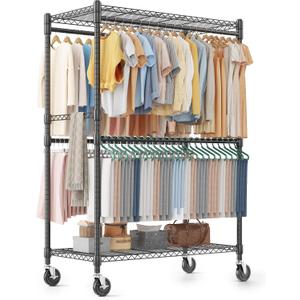 Homdox Heavy Duty Rolling Clothes Rack, Adjustable Clothing Rack for Hanging Clothes, Portable Closet Rack with 4 Hanging Rods, 2 Storage Shelves, 45" W x 20.5" D x 80" H, Black