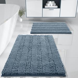 Yimobra Washable Bathroom Rugs Sets 2 Piece, Non Slip Quick Dry Absorbent Bath Mat Set, Chenille Luxury Shower Rugs for Bathroom Floor Sink Tub and Shower Outside(Denim Blue, 20" x 32"+17" x 24")