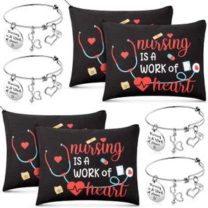 Yinkin 8 Pcs Nurse Appreciation Gifts Set Include 4 Makeup Cosmetic Bag with 4 Bracelets for Women CNA Week Nurse Assistant Day Birthday Nursing Graduation Gifts Heart Style 