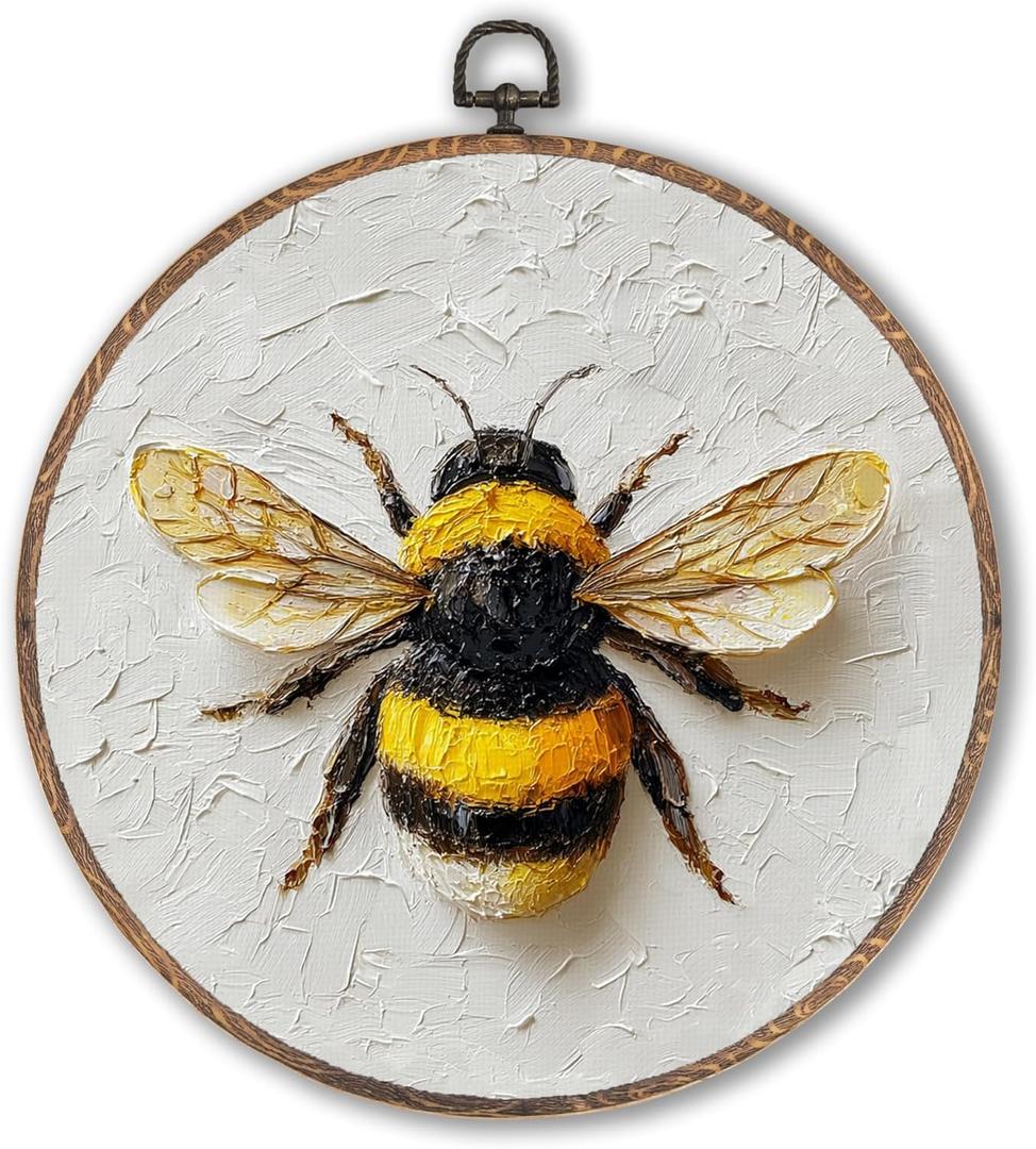 Vintage Bee Round Wall Art Framed, Neutral Moody Cottagecore Bee Round Wall Decor, Nature Insect Hanging Canvas Prints Wall Sculptures for Farmhouse Home Living Room Bedroom Decor, 10x10 Inch