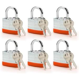 Lock Outdoor Padlocks, Laminated Orange keyed Padlock, 1-9/16 in Wide Body, Padlock Set with Keys (6Pack) Lock Outdoor Padlocks, Laminated Orange keyed Padlock, 1-9/16 in Wide Body, Padlock Set with Keys (6Pack)