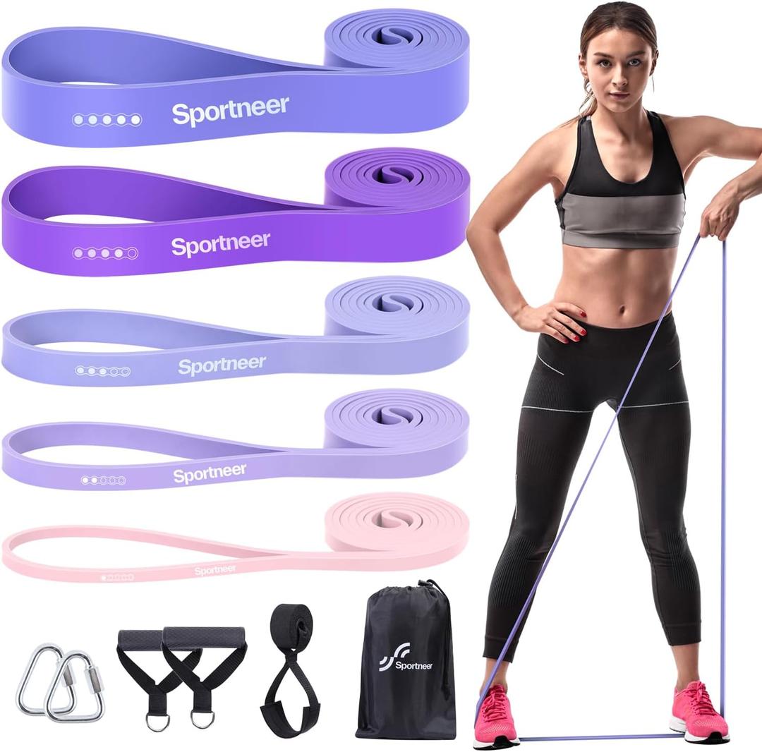Resistance Bands Workout Set: 5 Levels Pull Up Assist Bands 5-130lb with Handles & Door Anchor (Blue,Pink,Purple)
