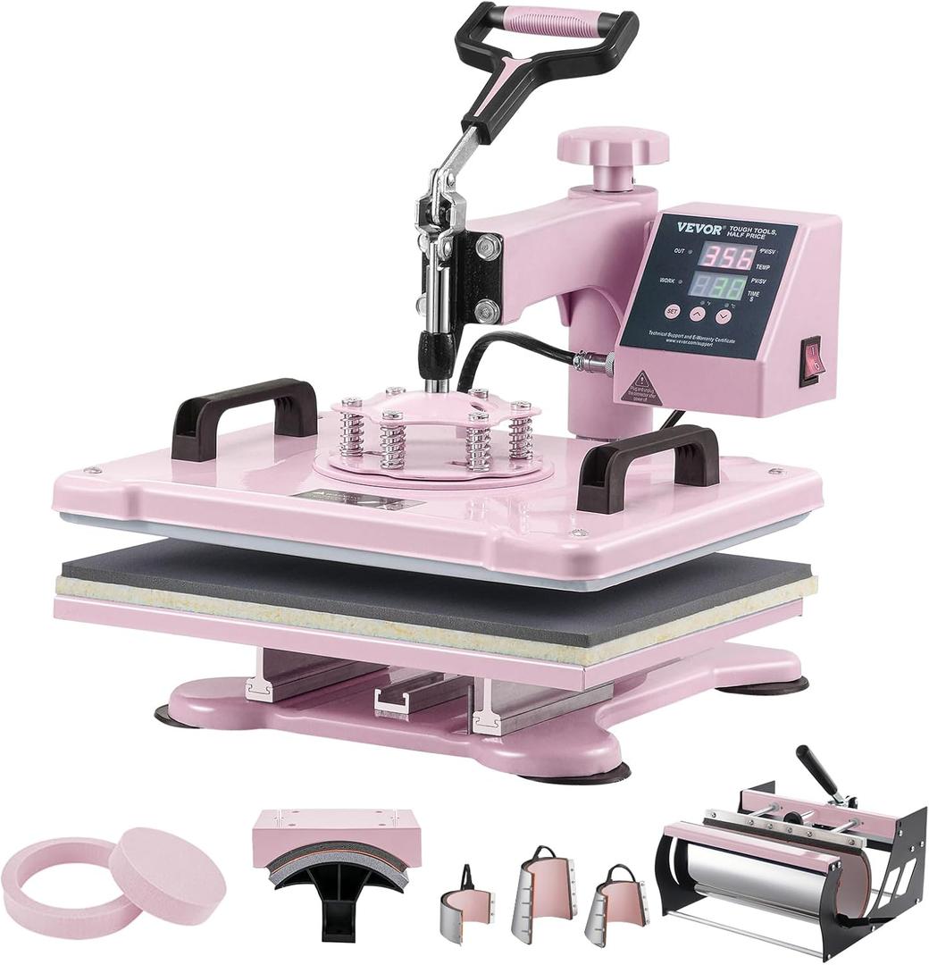 VEVOR 8 in 1 Heat Press Machine Combo with 30 OZ Tumbler Press & Hat Press 12x15 inch Heat Press for T-Shirts, Hats Caps Tumblers Glass Cans Mugs, and Plates (Pink)