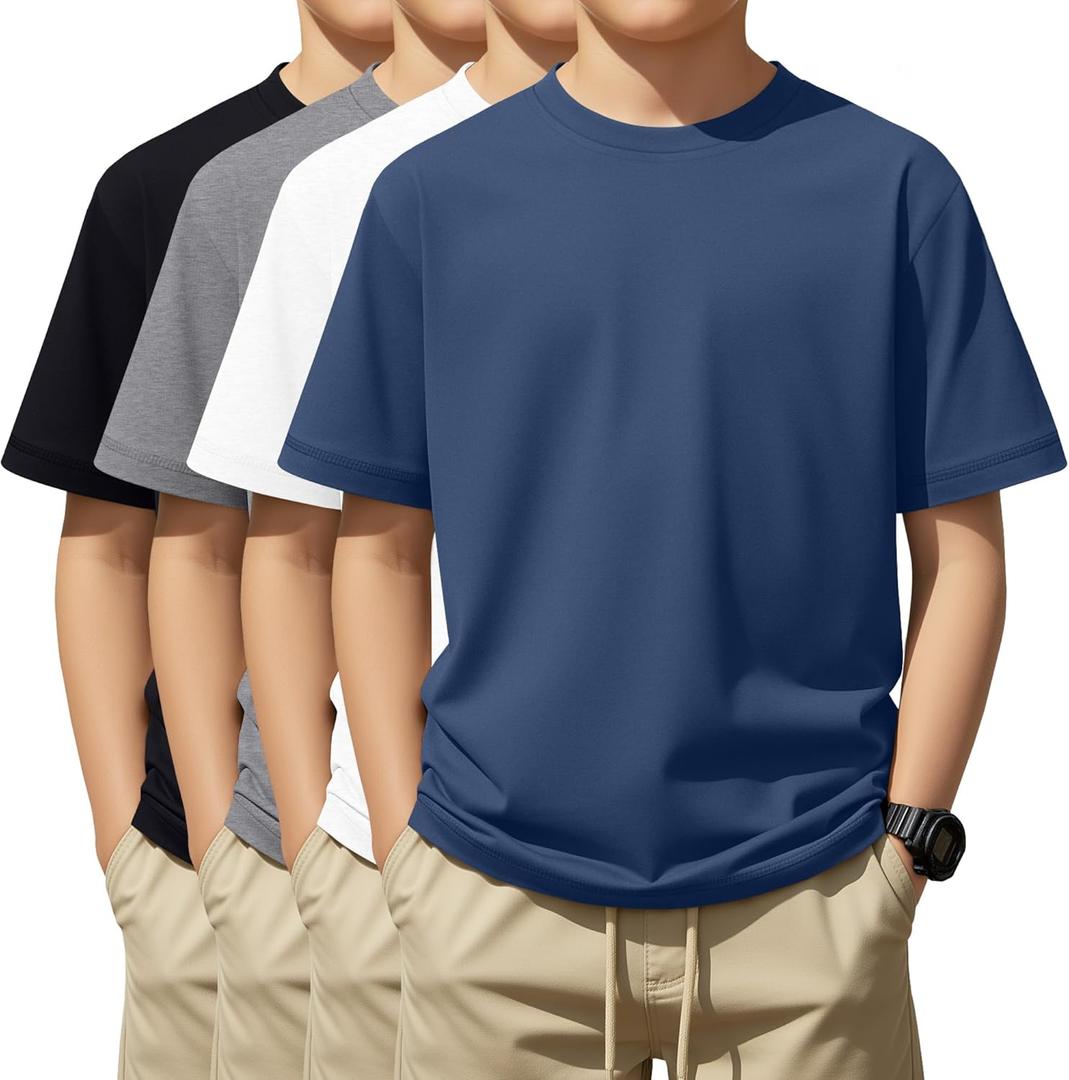 4 Pack Boys Short Sleeve T-Shirts 5-16 Years Crew Neck Layering Kids Casual Tops Basic Summer Loose Fit Shirts Tees (Black)