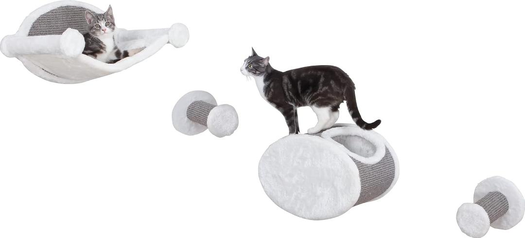 Trixie Wall Mounted Cat Lounge Set with Hammock & Condo Climbing Shelves with Plush Condos & Sisal Steps Wall-Mounted Cat Furniture for Scratching & Lounging Gray, 18.75 x 11 x 11.25 in