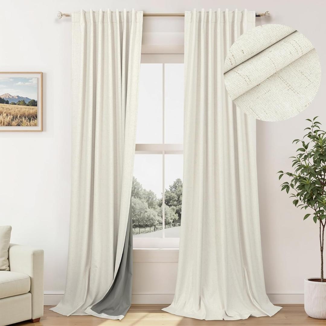 Custom Made Curtains 86 Inches Long for Bedroom 2 Panels Set Unique Faux Linen Blackout Curtain for 84-88 Inch Tall Window Black Out Drapes Living Room Modern Farmhouse Back Tab Rod Pocket Cream Ivory