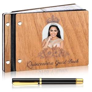 Skyygemm Wood Quinceanera Guest Book Alternative with Pen Quince Sign in Log 15 Year Anos Quince Guests Book 120 Pages Guest Sign in Keepsake Album for Birthday Party Keepsake Gift