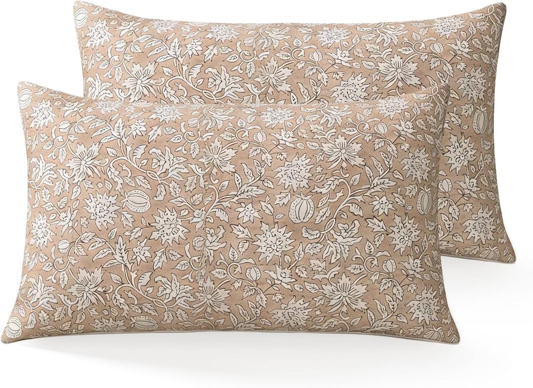 DWR Floral Throw Pillow Covers 12x20 Set of 2, Block Print Decorative Pillow Covers in Soft Taupe, Neutral Faux Linen Cotton Blend, Vintage Look for Couch, Sofa, Bed, Living Room