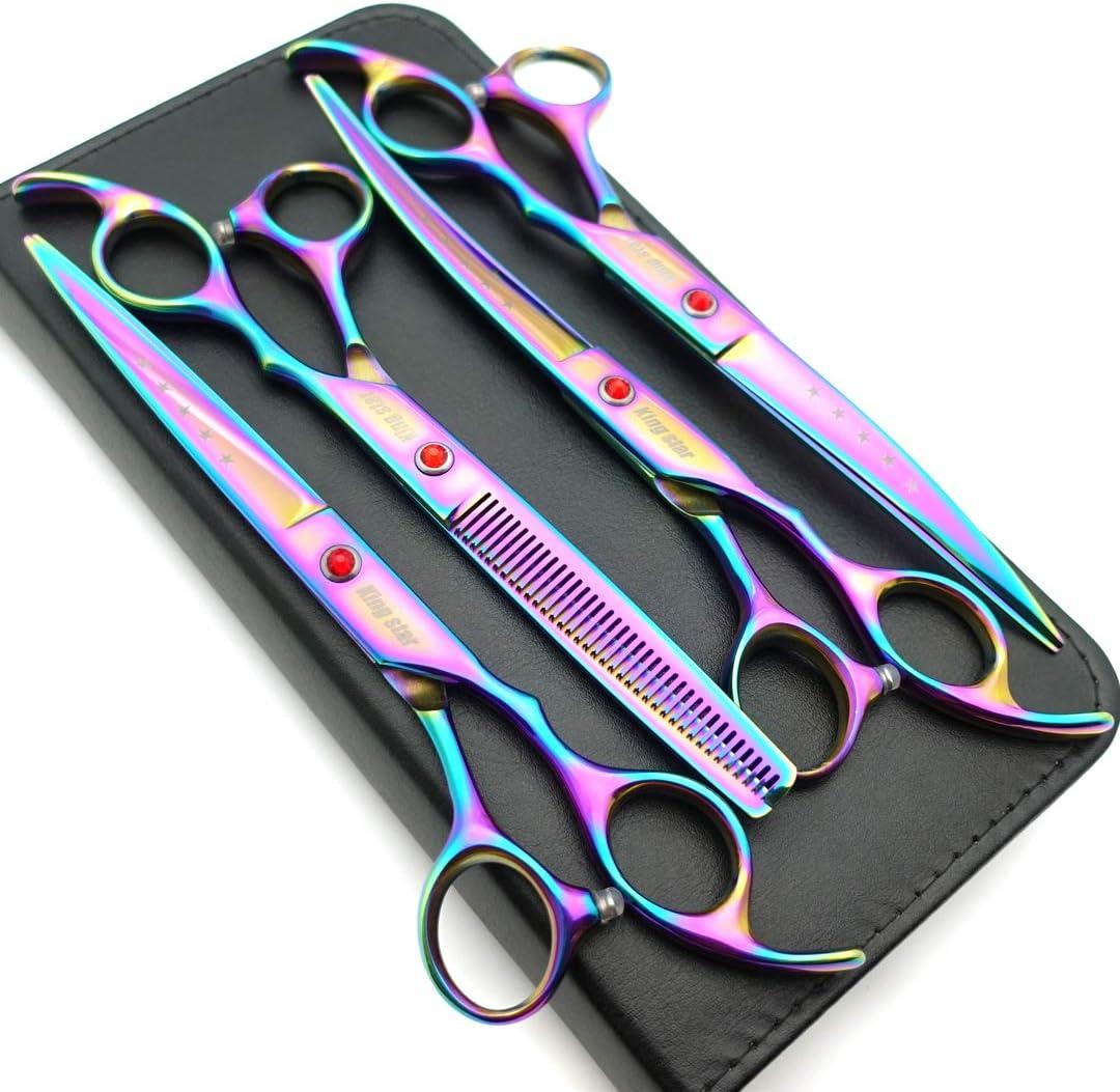 KINGSTAR 7.0in Titanium Rainbow Professional Pet Grooming Scissors Set,Straight & Thinning & Curved Scissors 4pcs Set for Dog Grooming,(Rainbow)