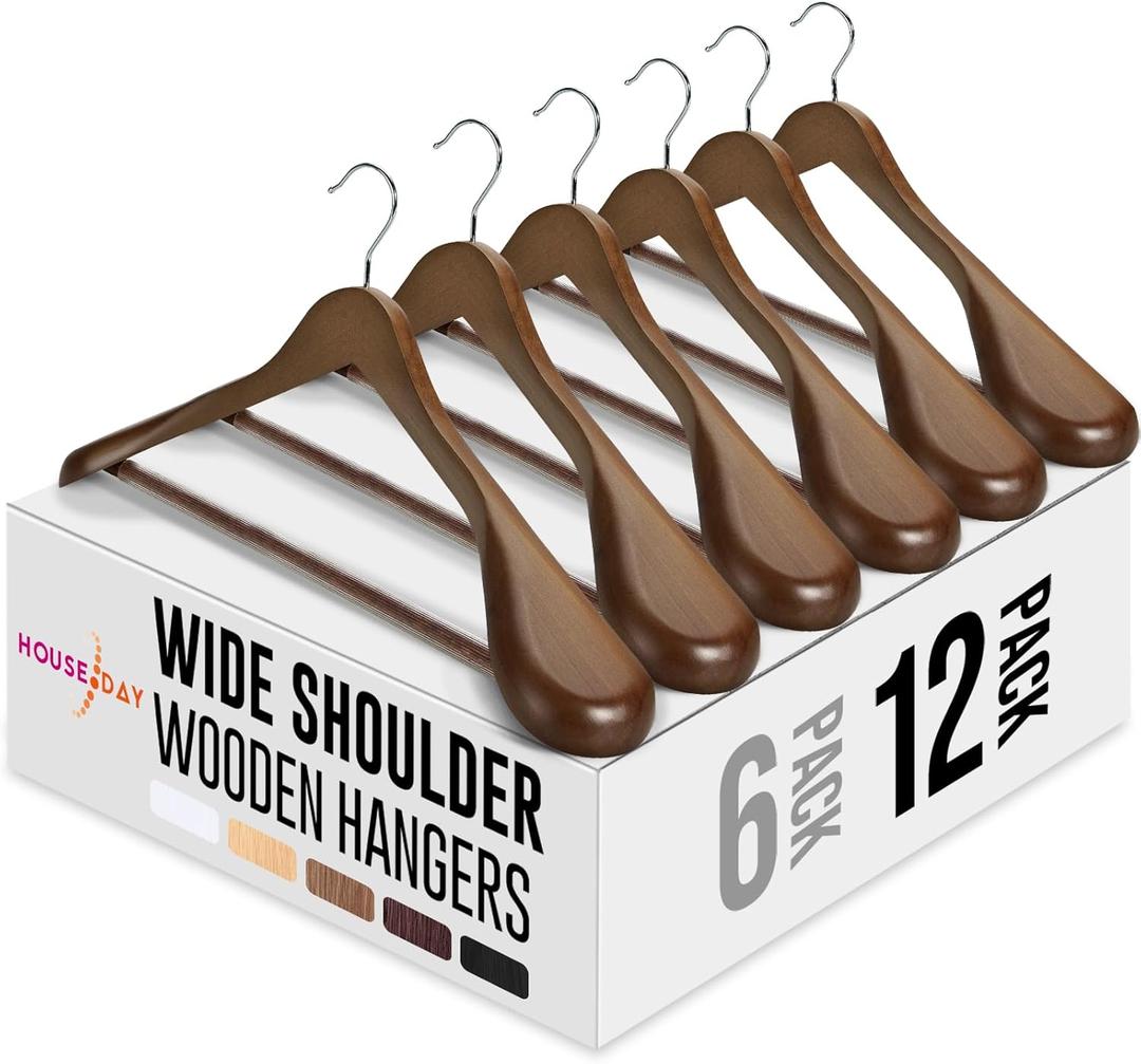HOUSE DAY Wide Shoulder Wooden Hangers 12 Pack, Wood Suit Hangers for Men with Non Slip Pants Bar, Smooth Finish Solid Wood Coat Hanger for Jacket, Pants, Dress, Heavy Clothes Hanger (Walnut)