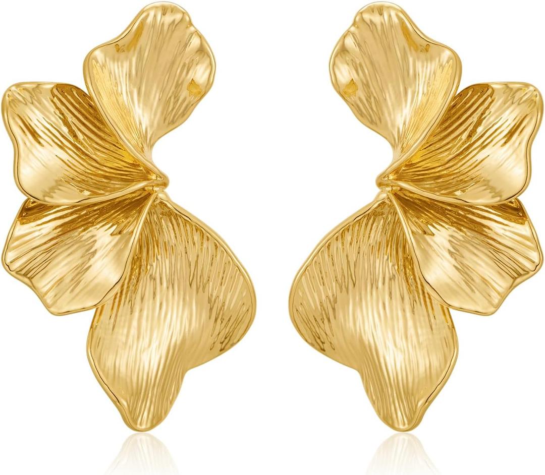 Chunky Gold Statement Earrings For Women Gold Plated Sectored Flower Leaf Shell Angel Wing Earrings Trendy Boho Jewelry For Women Large Stud Earrings Hypoallergenic Earrings Mothers Day Gifts