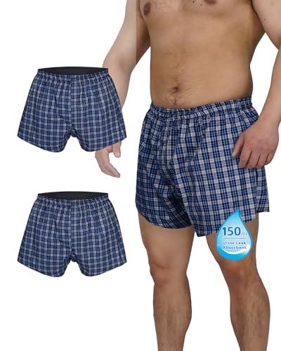 TIICHOO Incontinence Underwear for Men Washable Urinary Leak Proof Boxers with Front Fly Regular Absorbency 2 Pack (3X-Large, Blue Plaid)