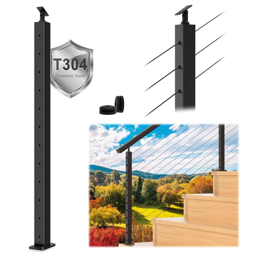 42" Cable Railing Post T304 Stainless Steel Angled Drilled Post, 41"x2"x2" Surface Mount Adjustable Top Black Cable Railing System Kit for 28-38 Stair Step Decks Porchs with Wire Grommets