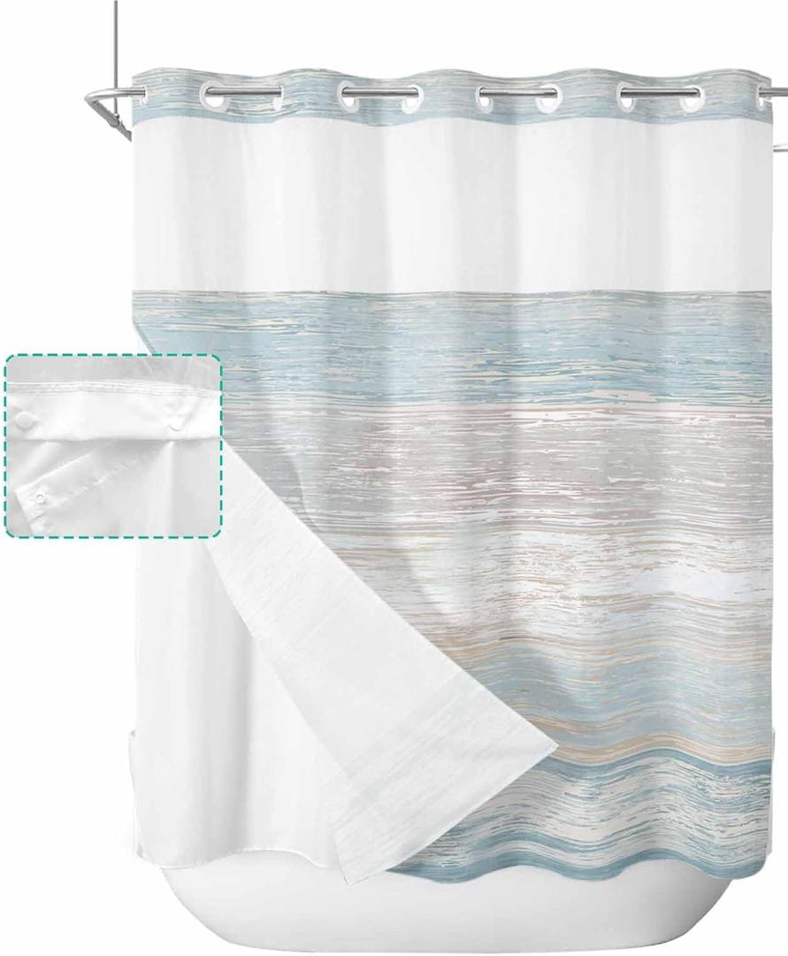 No Hook Blue Beige Farmhouse Shower Curtain with Snap in Liner Set, Vintage Wooden Striped Waterproof Fabric Bathroom Curtains with See Through Top Window, Hotel Style Long 72 x 78 Inch