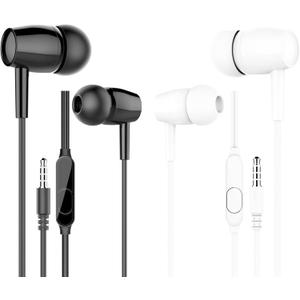 2 x Wired Earbuds with Microphone, 2 Pack (Black & White), in-Ear Lightweight Stereo Headphones with 3.5mm Jack, Noise-Isolating Earphones for Smartphones, Tablets, Laptops, MP3 Players