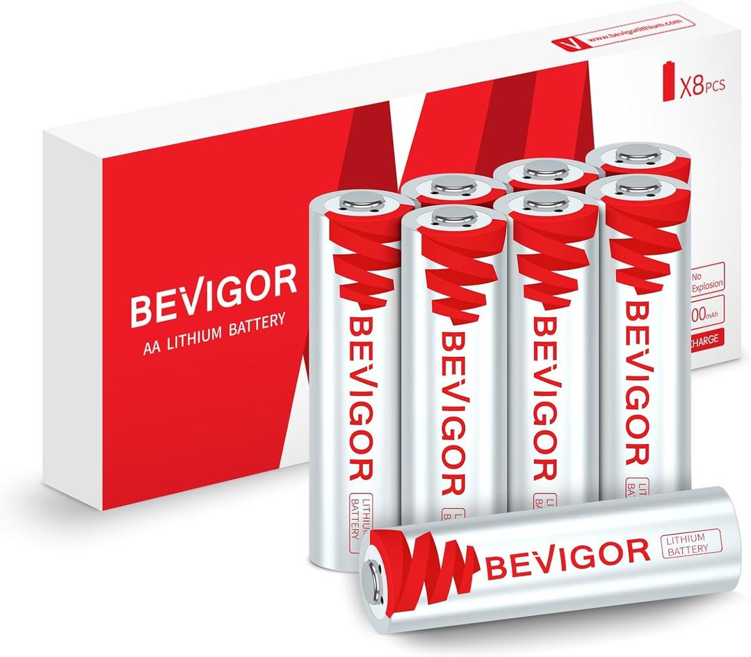 BEVIGOR Lithium AA Batteries 8 Pack, Long Lasting 1.5V 3000mAh AA Battery, 20-Year Shelf Life Lithium Batteries for Blink Camera, Flashlight, Microphone, Alarm SystemNon-Rechargeable