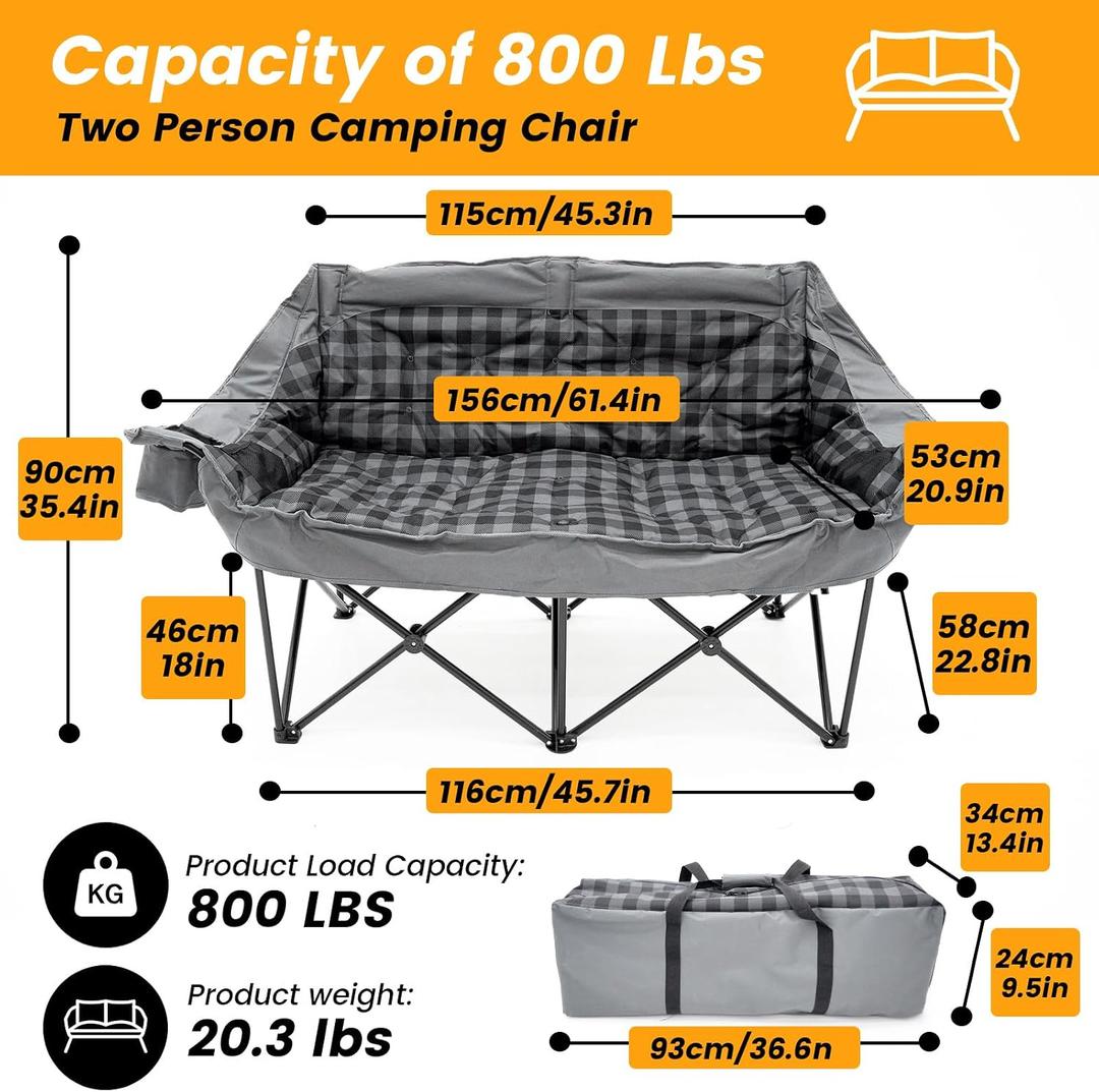 Heated Double Camping Chair, Camping Couch with 3 Heat Levels and 4 Heating Zones, Oversized Camp Loveseat Support 800lbs for Soccer Games, Tailgating, RV Travel, Beach Days（Not Battery）