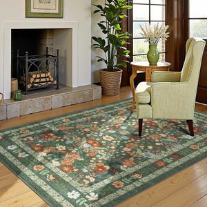 Green Floral Area Rugs 4x6 Washable Living Room Bedroom Carpet - Vintage Boho Thin Non-Slip Soft Low Pile Floor Mat Indoor Home Decor for Dining Room Playroom Farmhouse, Green/Multi