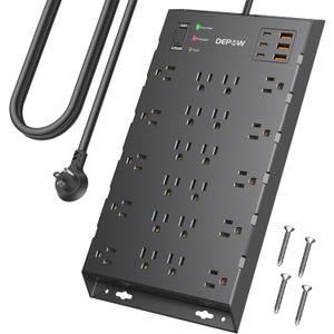 DEPOW Surge Protector Power Strip, 6.5FT Long Flat Plug Extension Cord with 22 AC Outlets (1875W/15A), 6USBs (3 USB-C Ports), 2100J Surge Protection, Wall Mountable for Gaming, Office, Home, Black