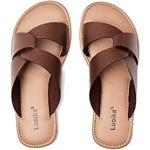 Luoika Women's Wide Width Flat Slides Sandals, Strapy Slide Sandal Slip on Dressy Summer Shoes for Women.10