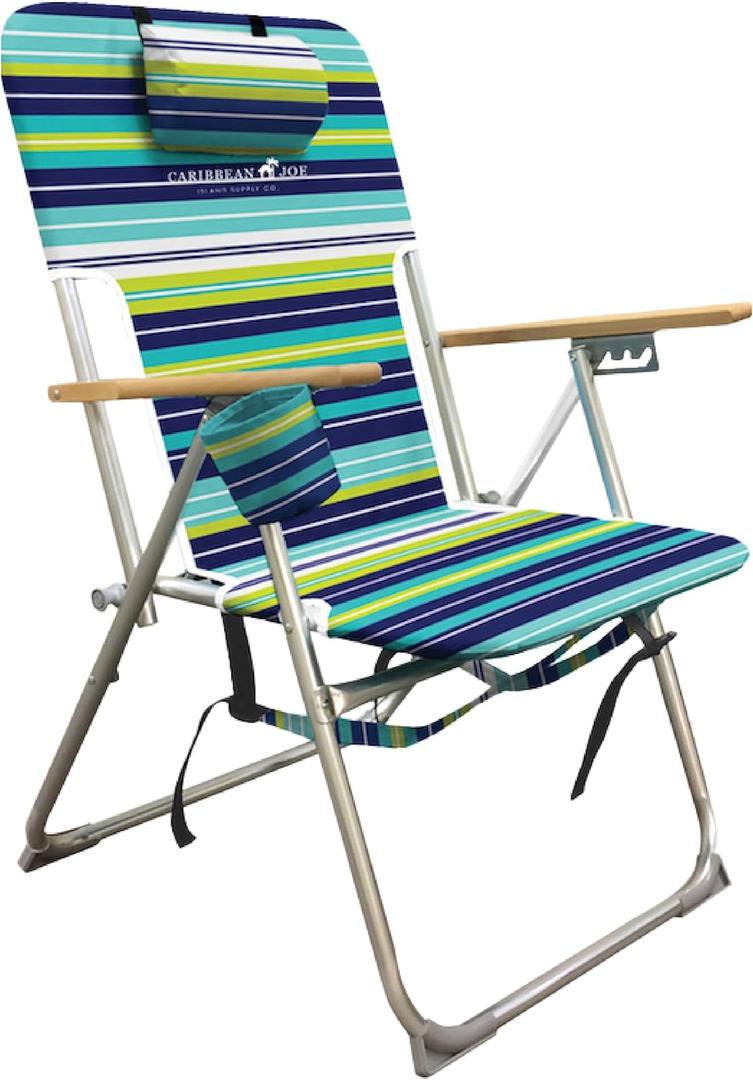 Caribbean Joe Folding Beach Chair, 4 Position Portable Backpack Foldable Camping Chair with Headrest, Cup Holder, and Wooden Armrests, 300 lb Capacity (Blue, Lime Stripe)