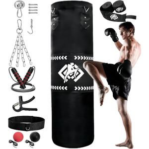 ZOOFOX Punching Bag for Adults, 4 Ft Heavy Bag with Chains and Hand Wraps for Beginners, 5-in-1 Boxing Bag for Kickboxing, MMA, Muay Thai, Karate, Home Gym or Fitness, Unfilled, 16 inches diameter, 47 inches height
