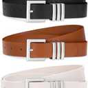 Huyfhksd 3 Pack Women Leather Belt for Jeans Pants Dresses Fashion Ladies Waist Belts with Gold Buckle, L, Black/ Brown/ Beige(Square)