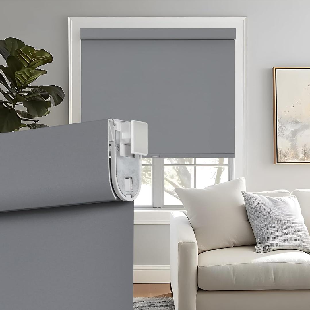 Persilux No Drill No Tools 100% Blackout Roller Shades for Window Blinds Cordless Room Darkening Roller Blinds, UV Protection Thermal Insulated Shades for Home Easy to Install (Grey, 34.5" W x 72" H)