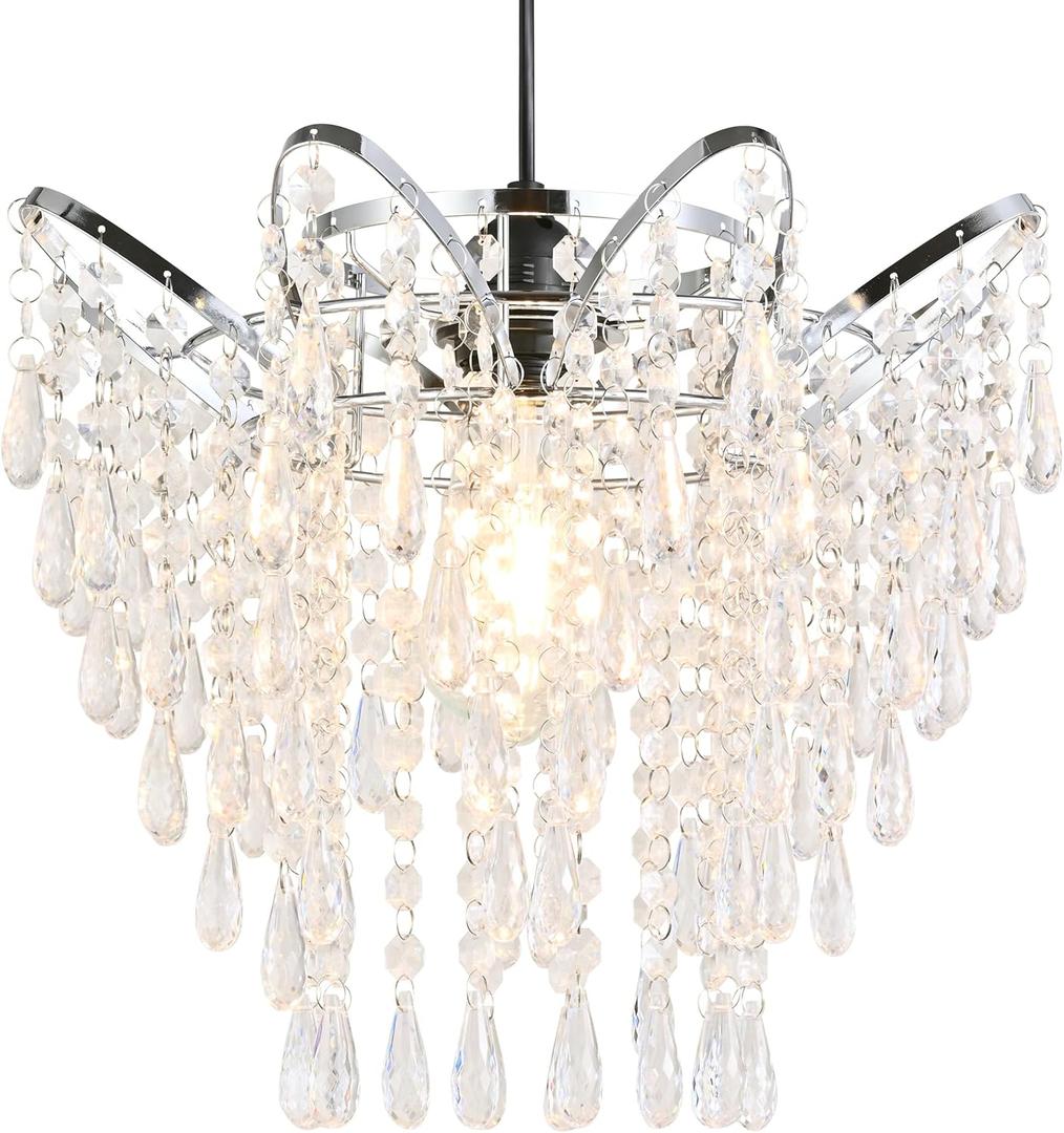 Modern Acrylic Chandelier Shade, 3-Tier Beaded Crystal-Like Ceiling Light Cover Clear Glassy Design for Bedroom, Wedding or Party Decoration