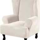 H.VERSAILTEX Wingback Chair Covers Velvet Plush Wing Chair Slipcover 1 Piece High Stretch Wing Back Chair Slipcovers Sofa Cover Furniture Cover With Elastic Bottom, Ivory