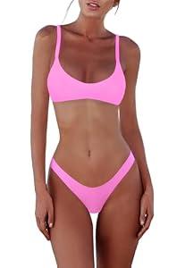 SherryDC Women's Solid Scoop Neck Push Up Padded Brazilian Thong Bikini Swimsuit, Size: Medium