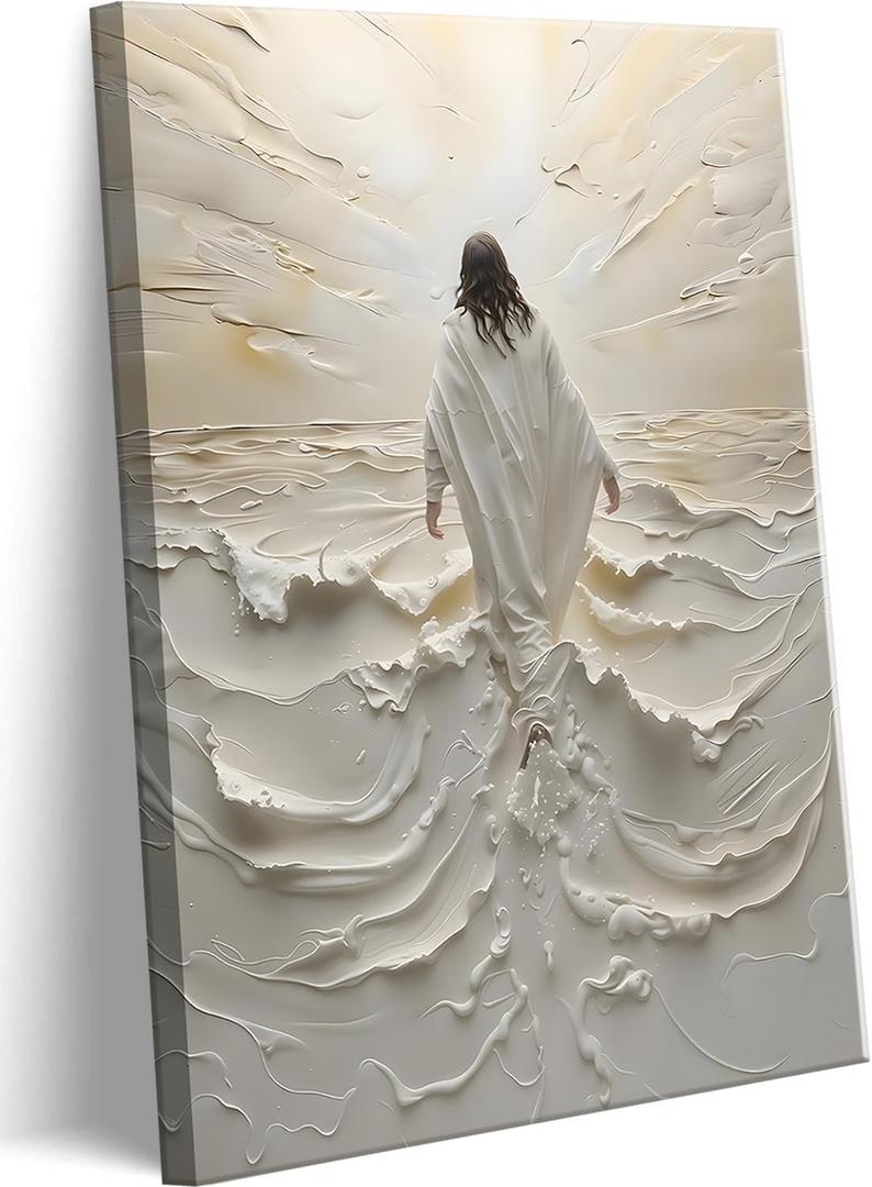 Abstract Jesus Walking on Water Canvas Wall Art Christian Spiritual Wall Decor Pictures Divine Light Modern Religious Posters Prints for Living Room Bedroom Church Decoration 24x36in