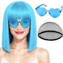 PLULON Light Blue Bob Wig with Bangs, Short Straight Bob Wig with Heart Sunglasses 12 Inch Shoulder Length Heat Resistant Synthetic Hair Cap for Women Natural Look Daily Use Cosplay Costume Party
