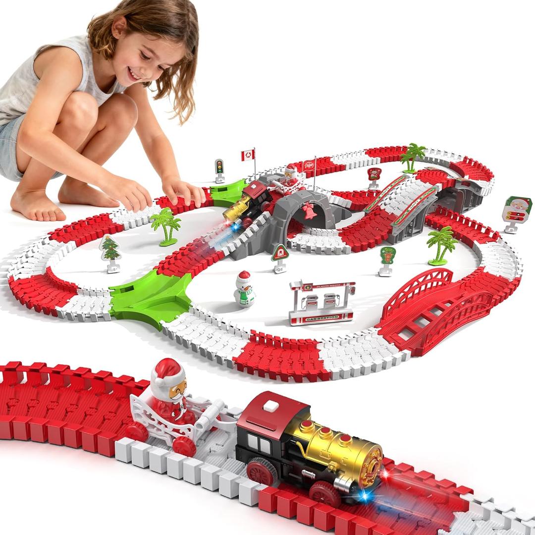 Christmas Track Toy Set - 262 PCS Christmas Race Track Playset - Christmas Theme Race Track Toy Set - Flexible DIY Christmas Train Track Set for Boys Girls, Great Toys for Kids Age 3+