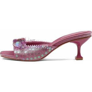 Mattiventon Kitten Heels for Women Comfortable Stiletto Heeled Mule Sequin Open Square Toe Slip On Trendy Sandals Prom Party Wedding and Vacation (Pink) 8.5
