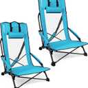 SPORT BEATS Low Beach Chairs Set of 2 Folding Beach Chairs High Back Support with Head Pillows Shoulder Straps (Cyan)