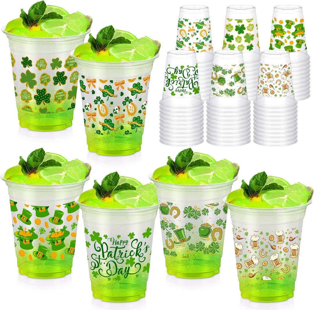60 Pcs 12 oz St Patrick's Day Shamrock Plastic Cups, Happy St Patrick's Day Green Disposable Clear Cups, Saint Patricks Day Cups Green Lucky Day Irish Birthday Party Cups for Beer Ice Cream Snacks