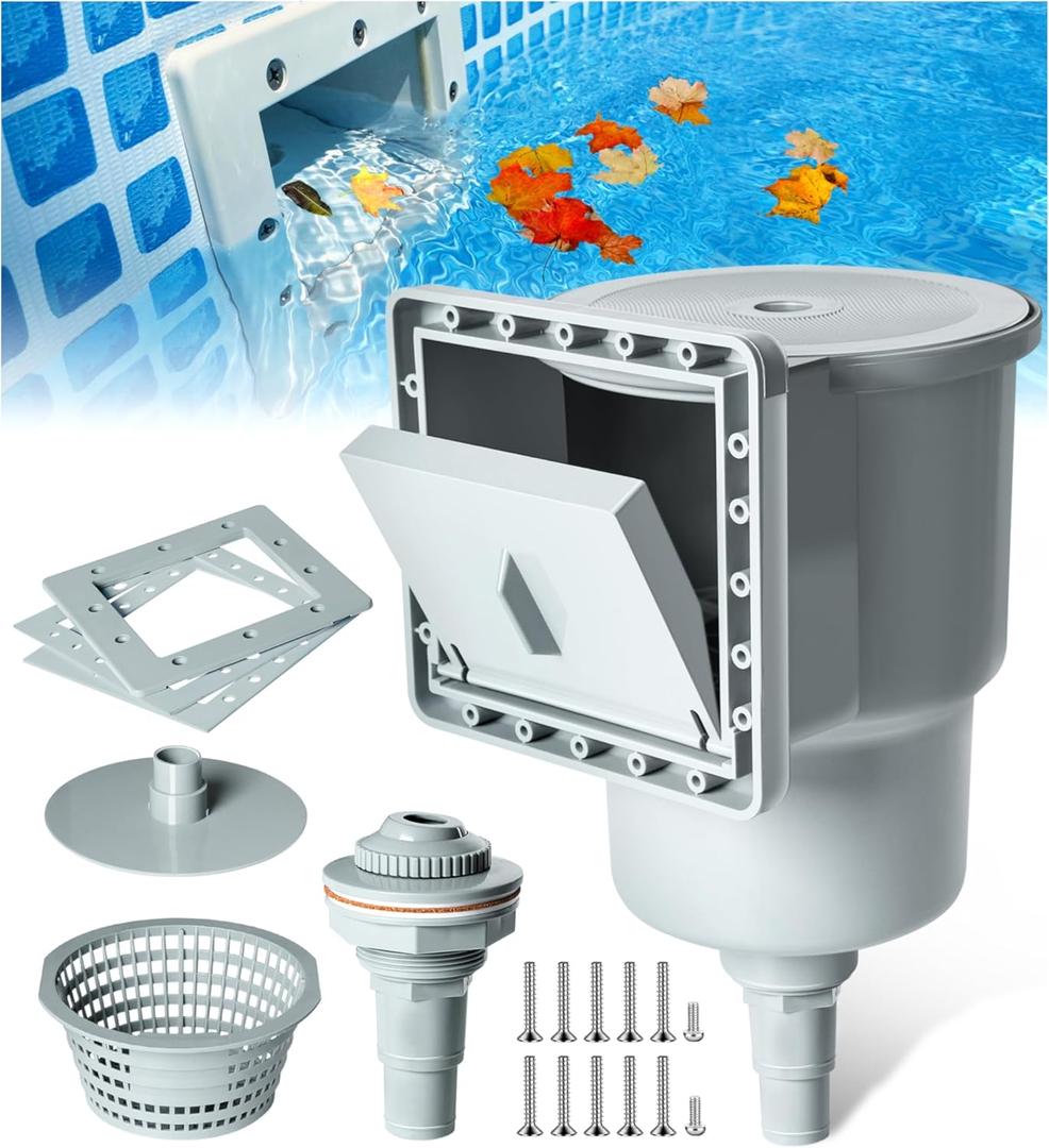KIrSwp Above Ground Pool Skimmer | Wall Mount Surface Skimmer-Adjustable Height Bracket | Floating Pool Skimmer Removable Skimmer Basket, Auto Skimming Pool Surface Debris (Light Gray)