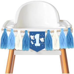 Tooth Party Tassel High Chair Banner Blue First Tooth Party Decorations Dental Birthday Decor Blue and White Tooth Fairy High Chair Banner for Boys Teeth Themed 1st Birthday Party Supplies