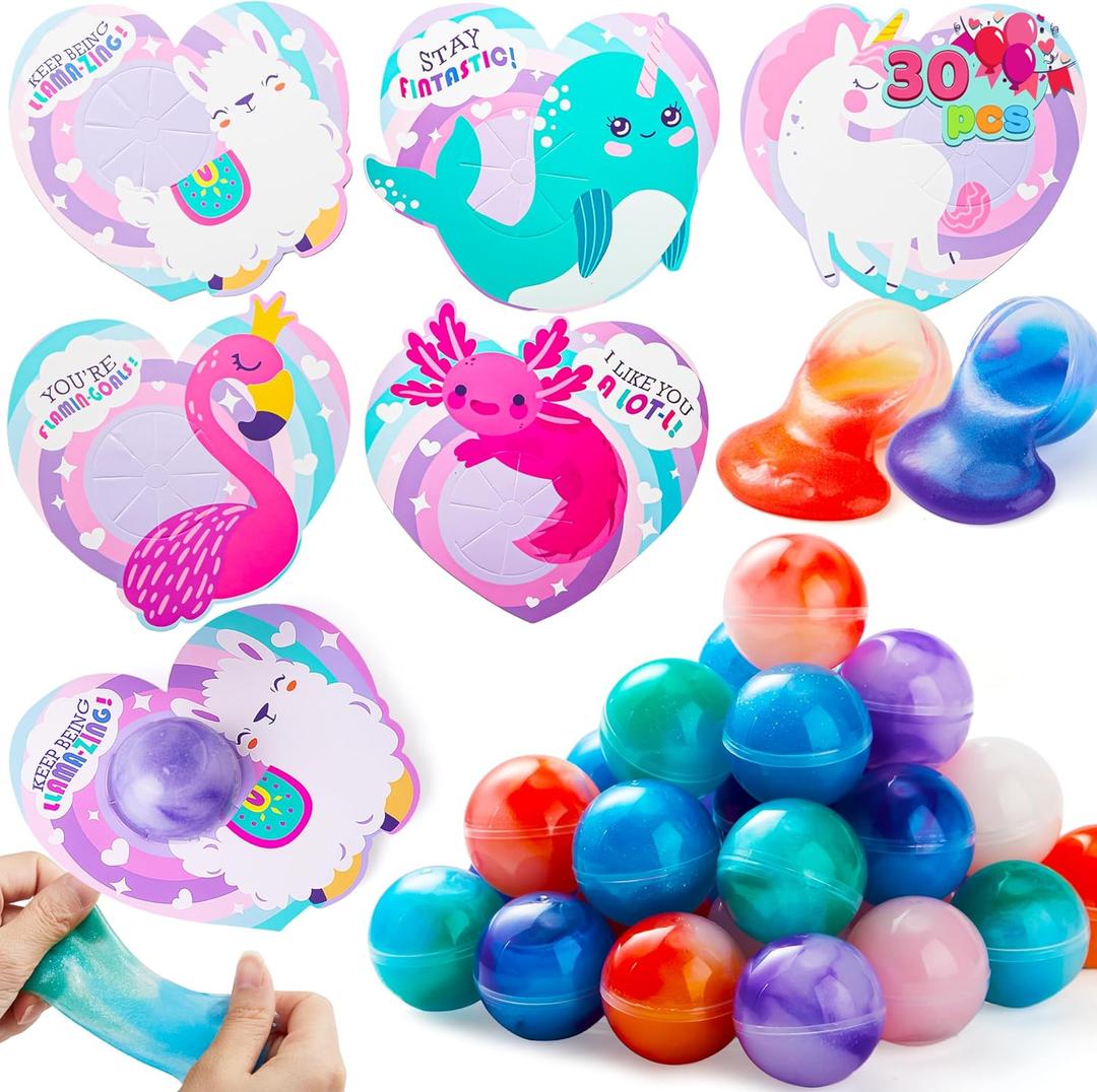 JOYIN 30 Packs Valentines Day Gift Cards with Rainbow Slime Stress Relief Fidget Toy for Classroom Exchange Prizes, Valentine Party Favors, Classroom Exchange Gifts