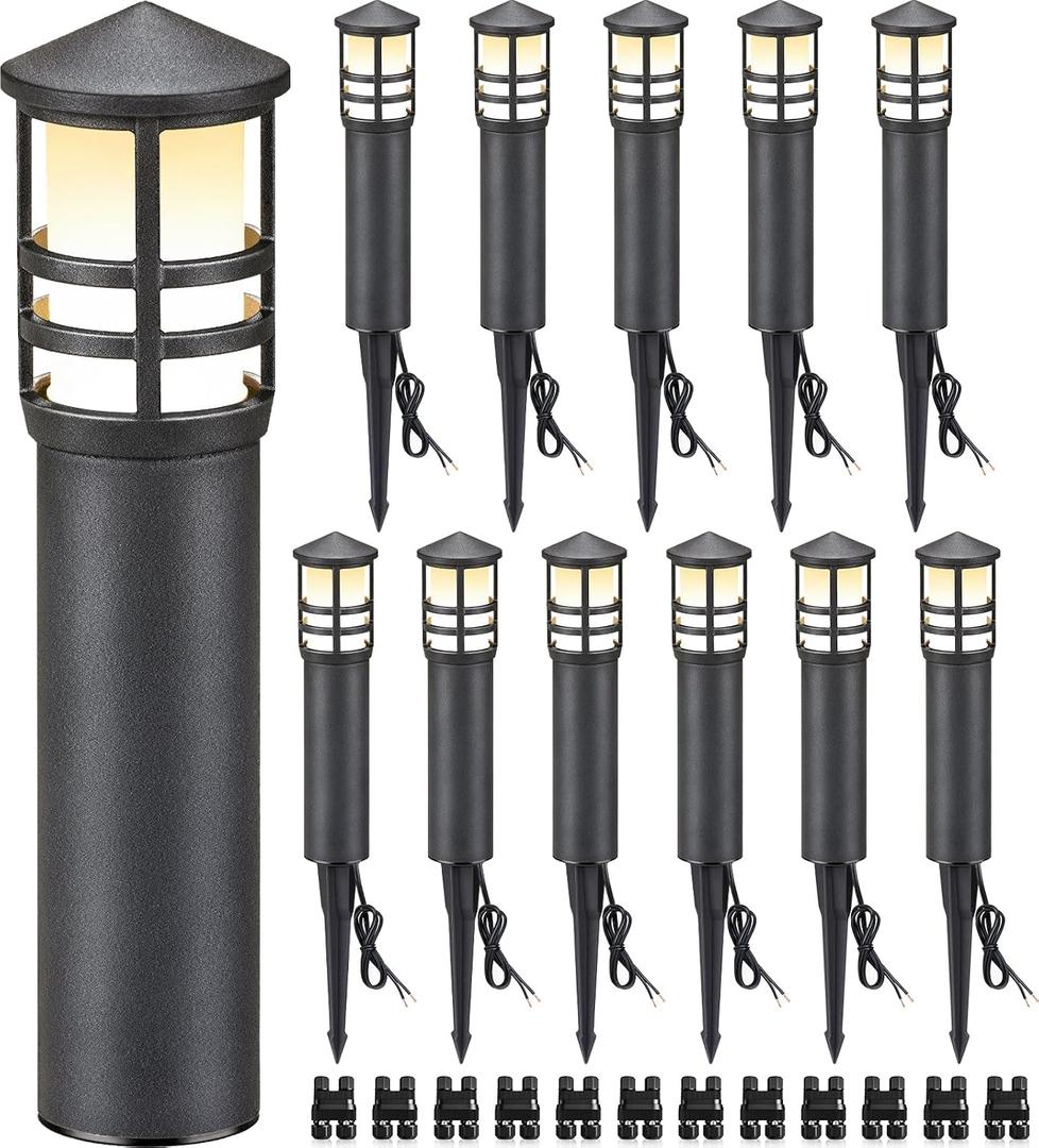 SUNVIE 12-Pack Low Voltage Landscape Pathway Lights 3W Outdoor Landscape Lighting 3000K 12-24V LED Bollard Path Lights Wired CRI 90+ Aluminum Pathway Lighting for Walkway Yard Garden, ETL Listed Cord