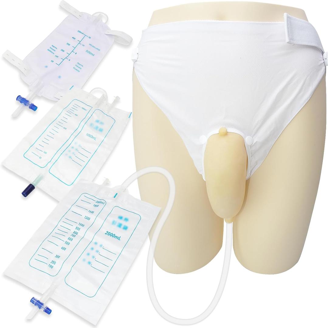 External Catheter for Men, Urine Collection Bag, Portable Reusable Wearable Soft Latex Urinals Drainage Systems with External 3 Catheter Bags, Lengthen the Catheters/Large Diameter