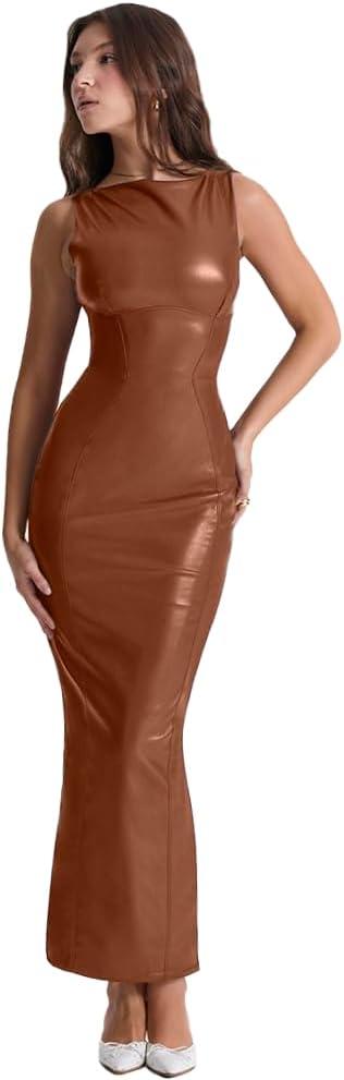 XLLAIS Women's Faux PU Leather Bodycon Maxi Dress Sexy Boatneck Tank Long Dresses (Brown) XL
