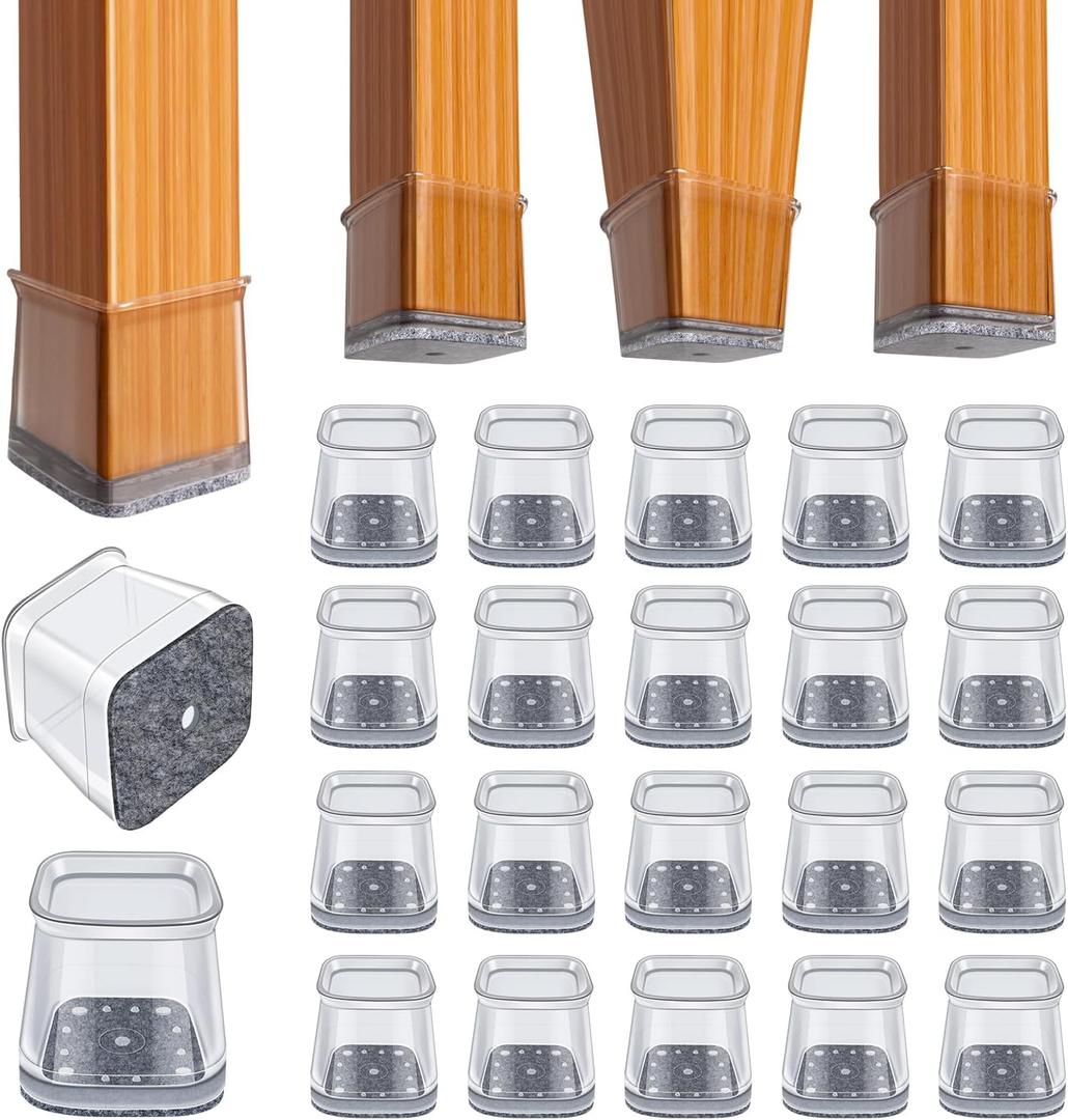 BUMACO Chair Leg Floor Protectors Square Chair Leg Protectors for Hardwood Floors Silicone Pads Covers to Protect Floors Clear-20 Pcs Square S (3/4" ~ 1")