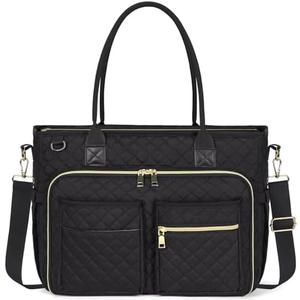 Multi-functional Quilted Tote Bag: 15.6" Laptop Work Bag, Nurse Bible Bag, Teacher Shoulder Handbag for School/Travel (Black)