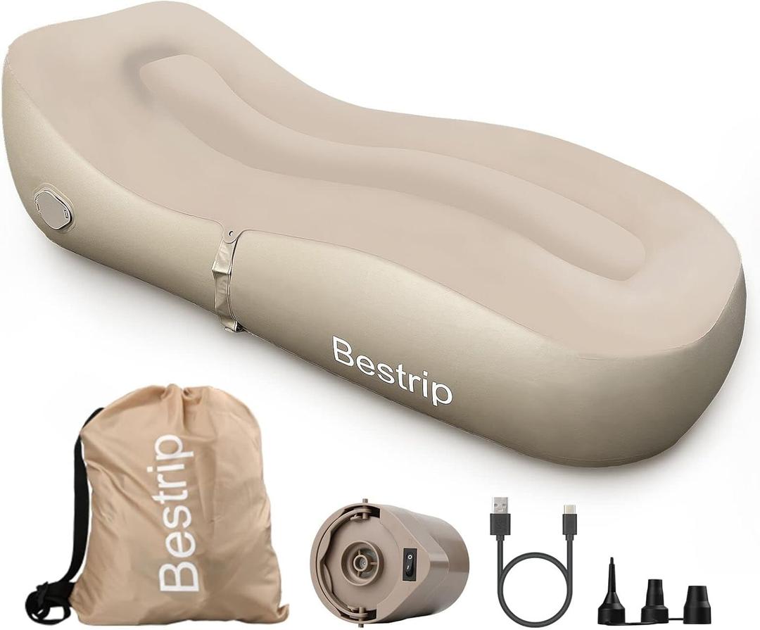 Bestrip Auto Inflatable Couch Lounger, Air Mattress Sofa Bed with Rechargeable Air Pump (Single, Khaki)
