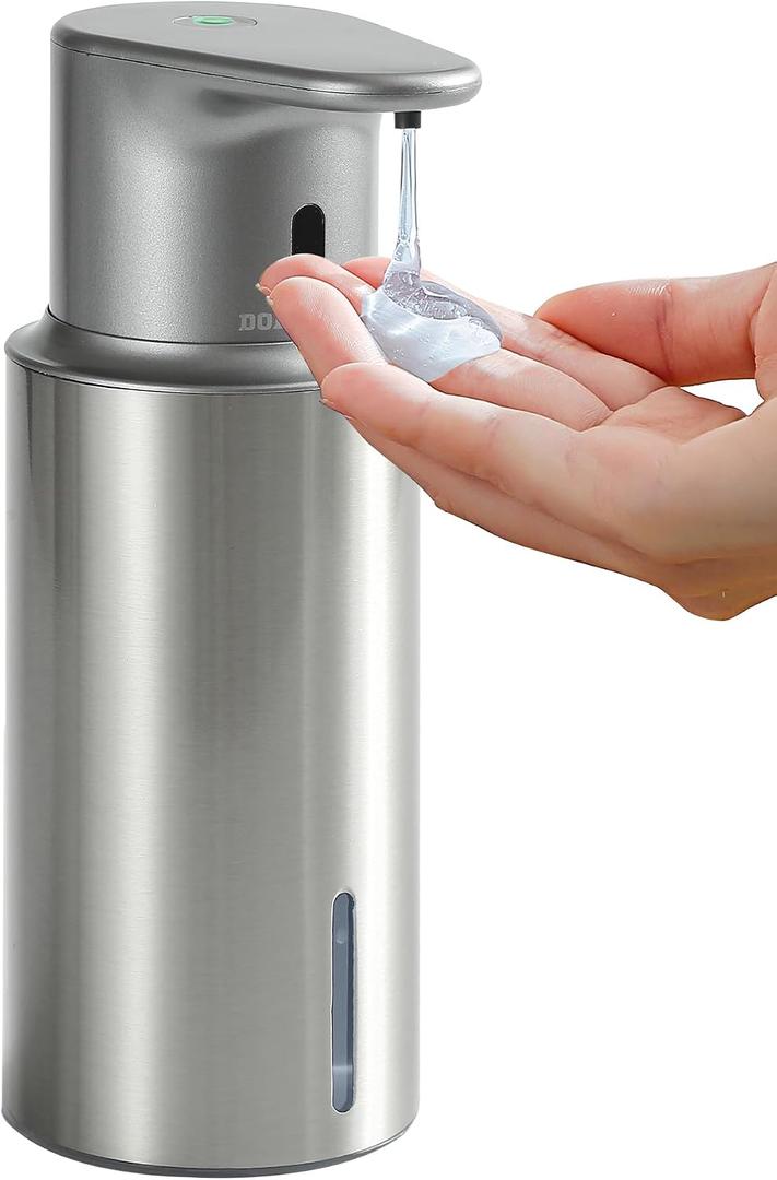 Automatic Liquid Soap Dispenser Touchless, 304 Stainless Steel Bottle Body &16.2oz/480ml Rechargeable, 3 Adjustable Liquid Levels, IPX7 Waterproof, for Kitchen Bathroom, Stainless Steel