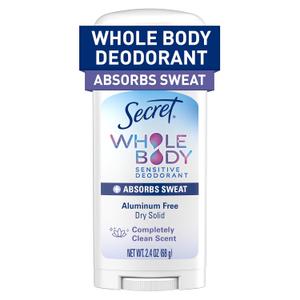 Secret Whole Body Deodorant Dry Feel Stick + Absorbs Sweat for Women, Naturally Derived Ingredients, Completely Clean Scent, Aluminum Free Deodorant Stick, 72 HR Odor Protection, 2.4 oz (2.4 Ounce (Pack of 1))