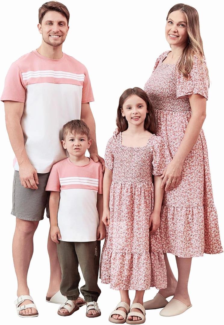 PATPAT Family Matching Outfits Mommy and Me Dresses Floral Dress & T-Shirts | Mommy and Me Easter Dresses, Puff Sleeve Floral Sundress, Cotton Blend T-shirts, Couples Party Wedding Vacation Outfits