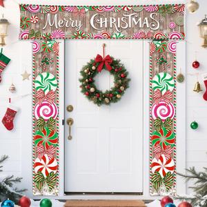 AIBIIN 3PCS Christmas Decoration, Porch Sign for Front Yard Hanging Banner Merry Christmas Candy Pattern for Xmas Supplies Indoor Outdoor Xmas Decor